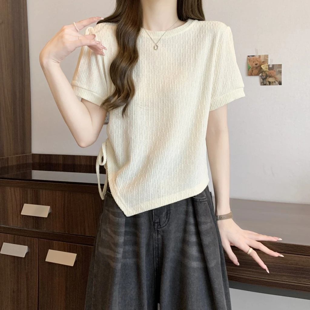 欧洲站不规则正肩短袖T恤女夏大码胖mm遮肚子小衫短款显瘦小上衣