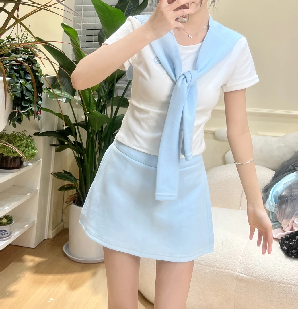 披肩三件套 蓝色韩代设计款三件套 ZB377短袖