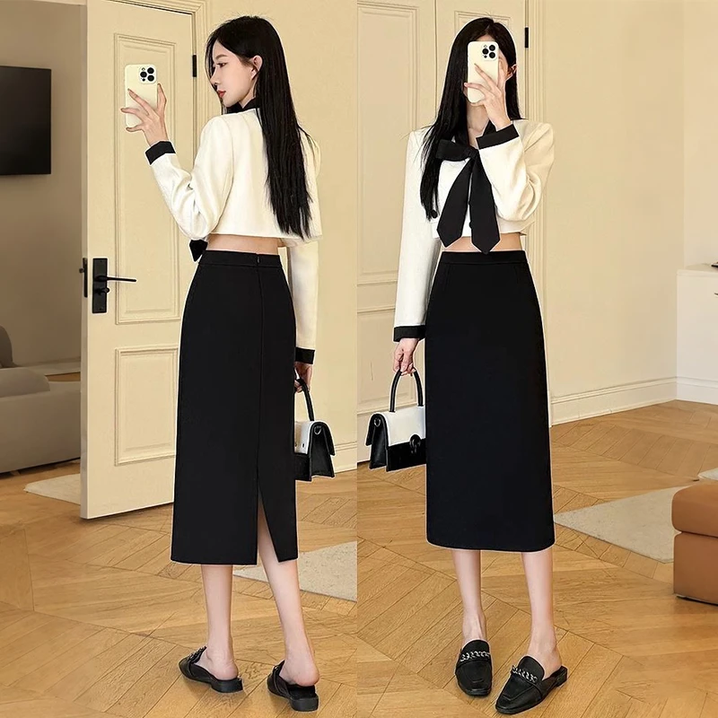 黑色西装半身裙女夏季2025新款高腰显瘦a字裙后开叉遮胯垂感裙子