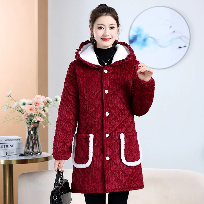 2024新款时尚加绒连帽棉服保暖棉衣外穿大褂家居服保暖罩衣