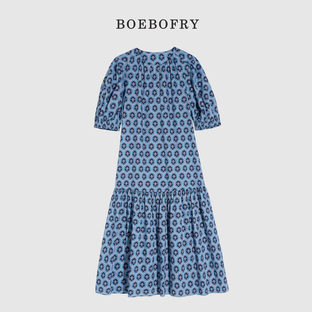 BOEBOFRY<蓝色花韵>圆领法式气质轻奢欧若风宽松连衣裙BE2L0863