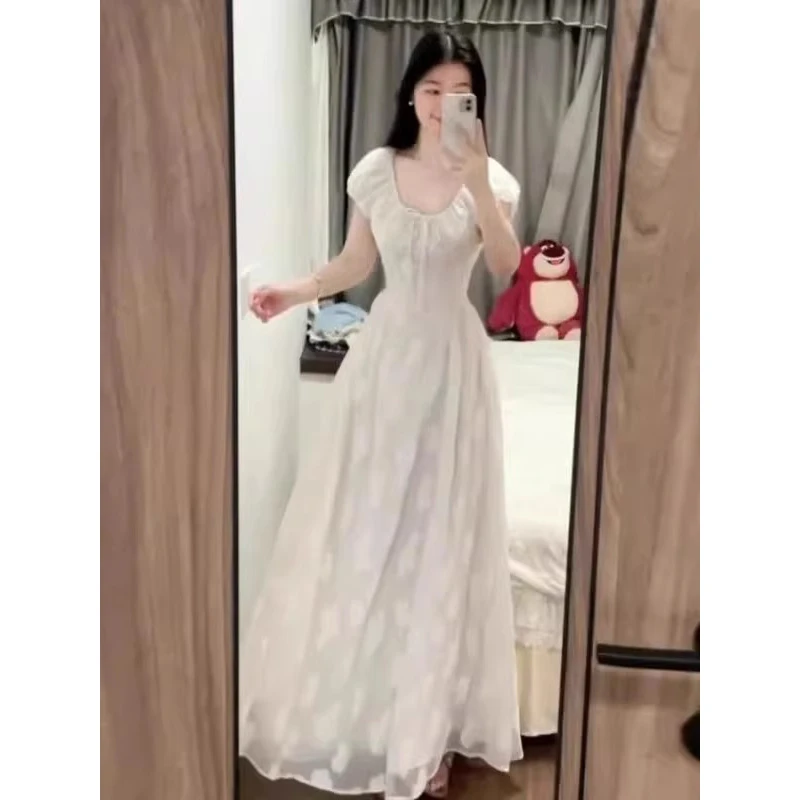 夏季新款甜美温柔风V领提花连衣裙女时尚设计感修身显瘦好看裙子