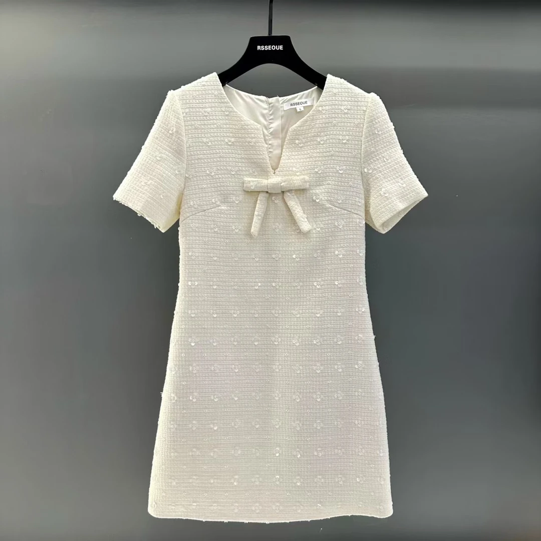 2025新款白色法式短袖连衣裙女夏季设计感高级感蝴蝶结A字裙