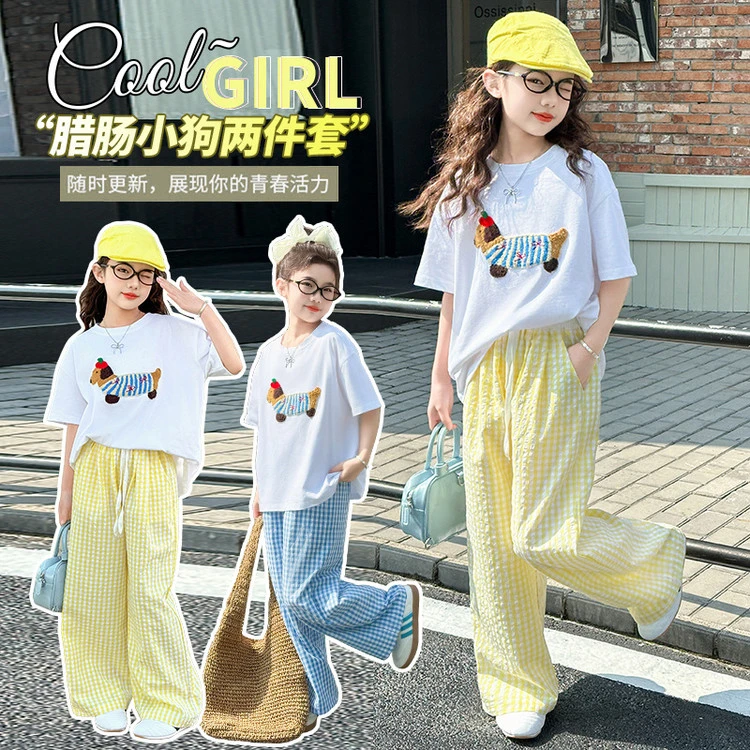 女童夏季休闲格子裤套装韩版春夏上衣中大儿童两件套短袖卡通t恤