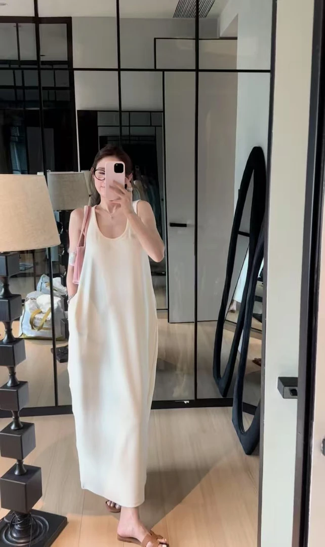 LA 极简 奶油白 前后两穿 U领 无袖连衣裙26407