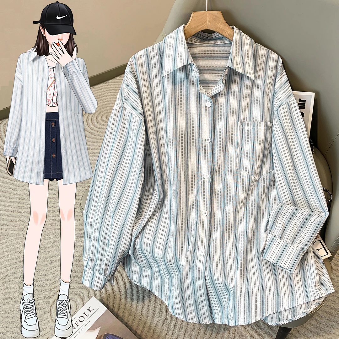 春夏法式条纹衬衫外套大码女装时尚轻奢港风衬衣长袖上衣5101#