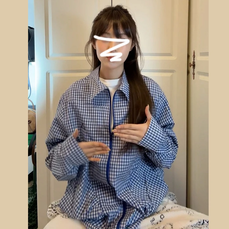 蓝色格子衬衫女秋季新款简约宽松拉链设计感法式上衣外套长袖衬衣