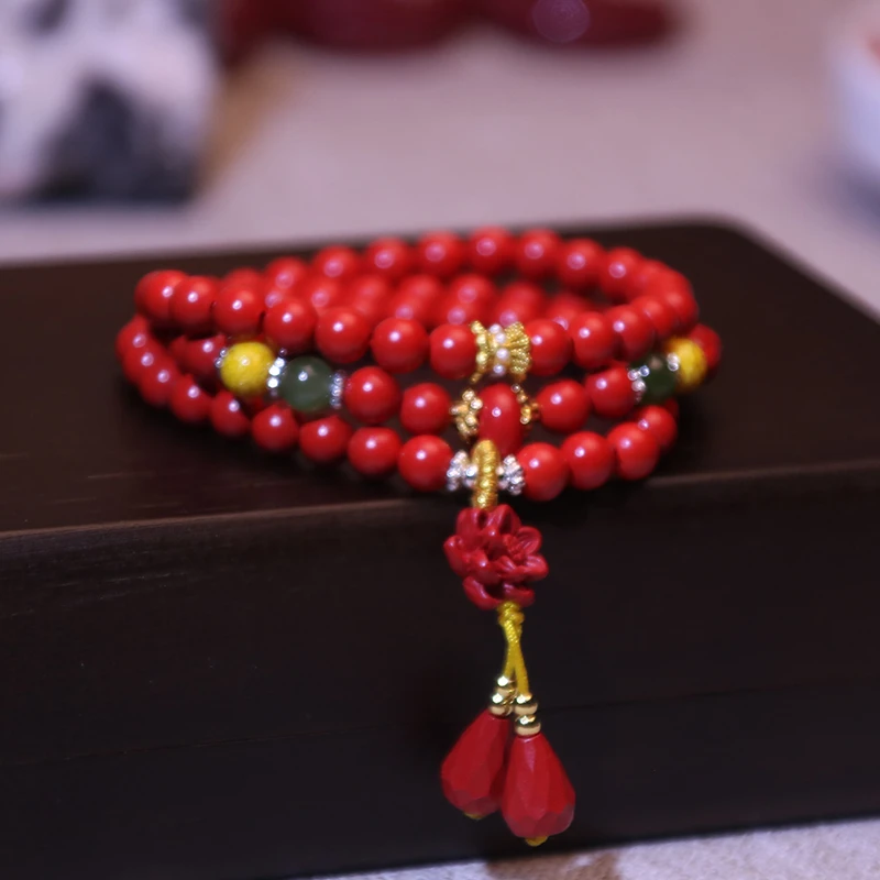 含辰砂工艺品三圈叠戴朱砂红砂手链手串小莲花提溜