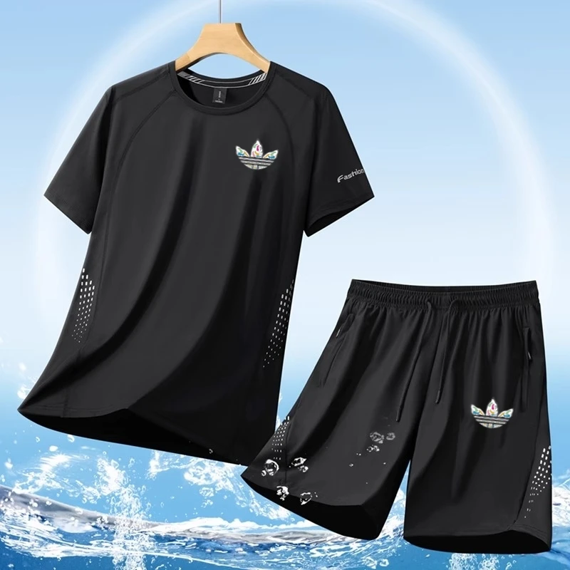 【官方奥特莱斯】品牌折扣运动大码冰丝套装男夏季休闲男士套装夏季