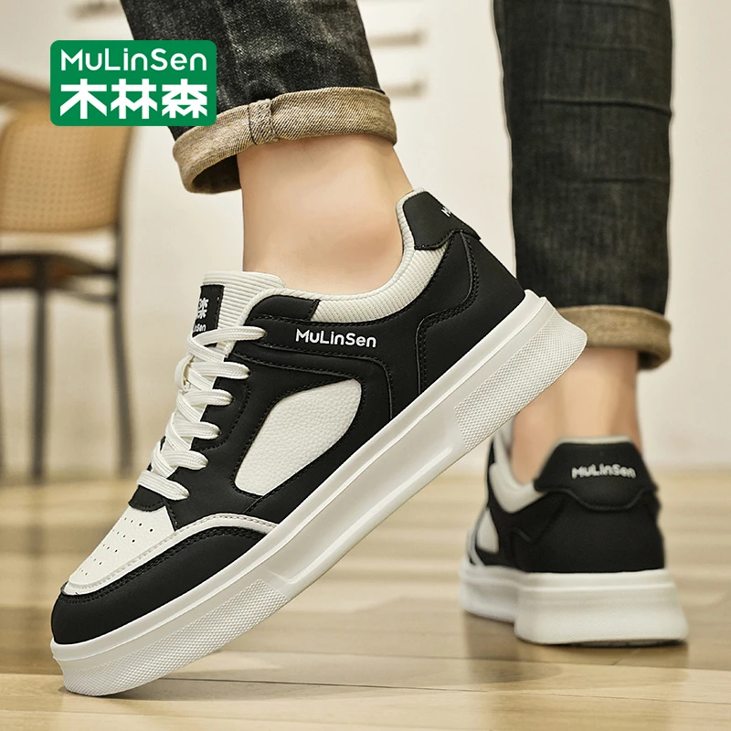 木林森鞋子男百搭小白鞋春秋皮面厚底工作休闲板鞋男2025新款潮鞋