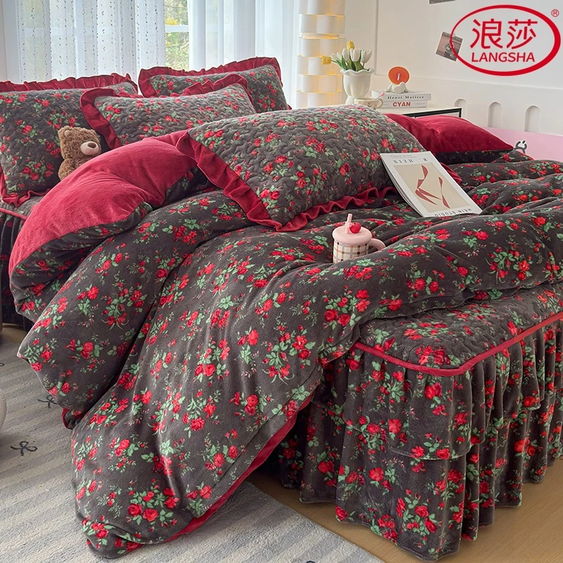 浪莎法式小碎花牛奶绒四件套夹棉床裙款加厚法兰珊瑚绒被套罩床盖