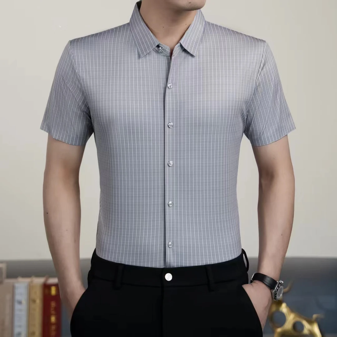 607冰丝竹节灰棕格衬衫短袖中年男士商务休闲时尚薄款无痕衬衣
