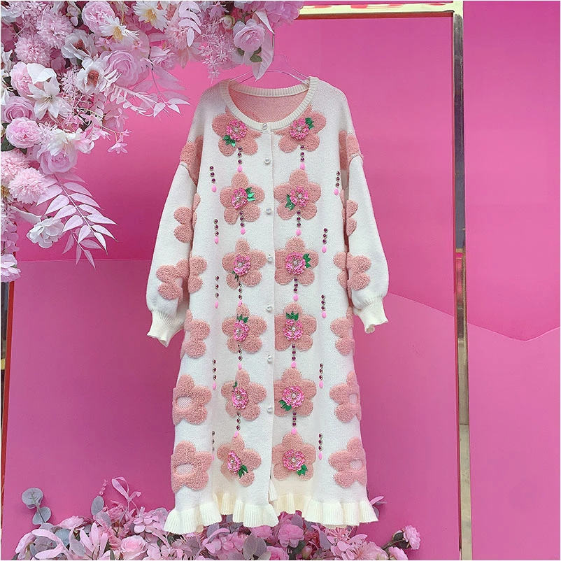 A4346欧美设计师2025冬季新款重工钉钻刺绣亮片立体花毛衣连衣裙