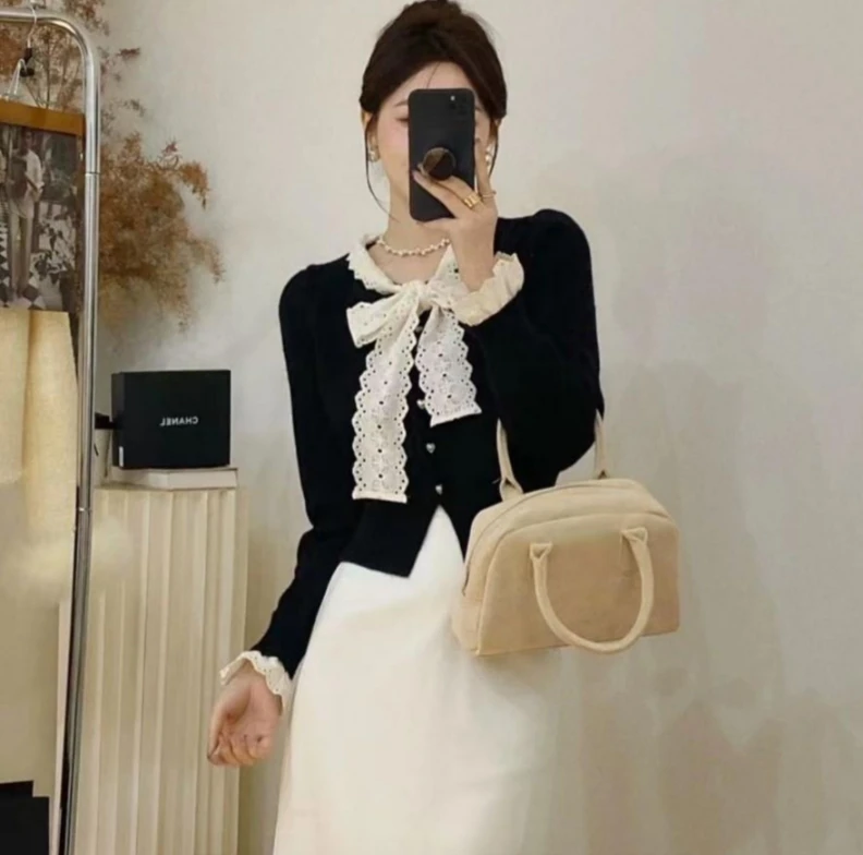 【现货亏清 】厚款法式蕾丝花边蝴蝶结针织衫上衣开衫女气质显瘦