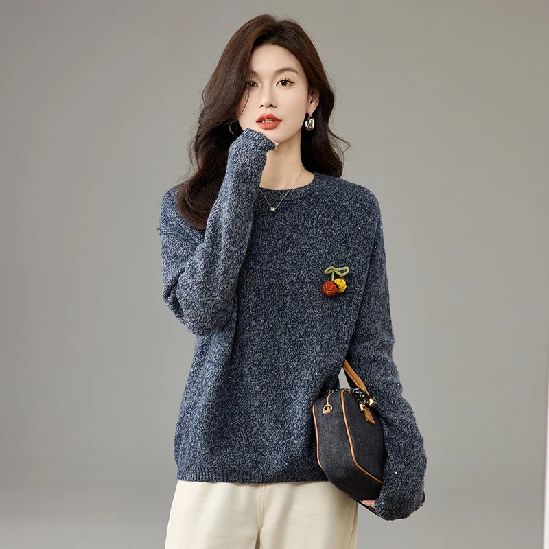 2025秋冬加厚粗针花纱气质圆领羊毛衫女百搭外穿打底毛衣针织衫