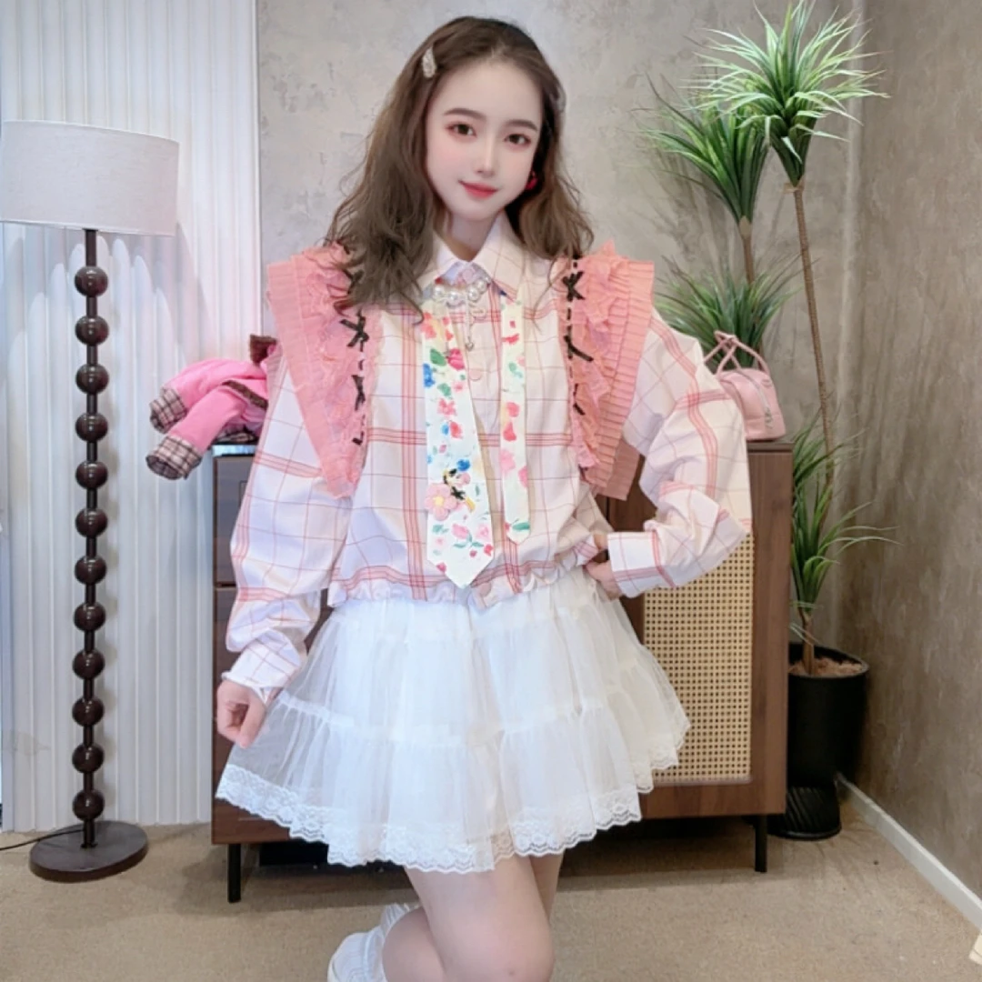 大观欧货冬季新款格子飞飞袖领带长袖衬衫设计感时尚百搭气质减龄