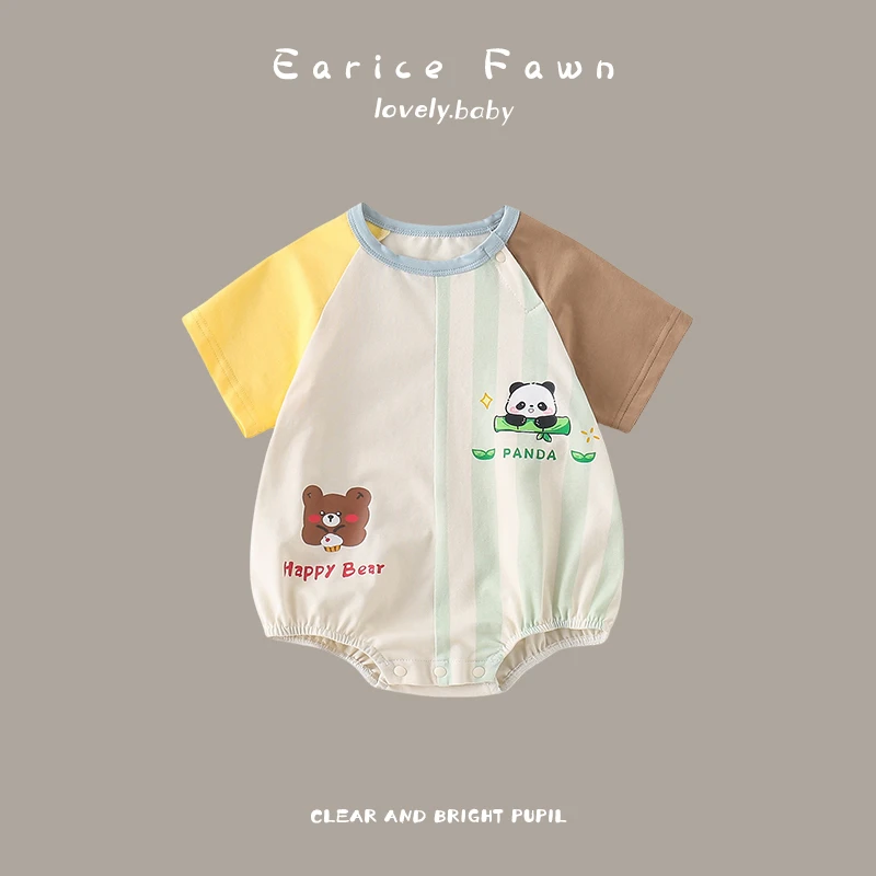 YM周岁小宝宝夏装爬爬服婴幼儿满月百天哈衣外穿卡通超萌薄款连体