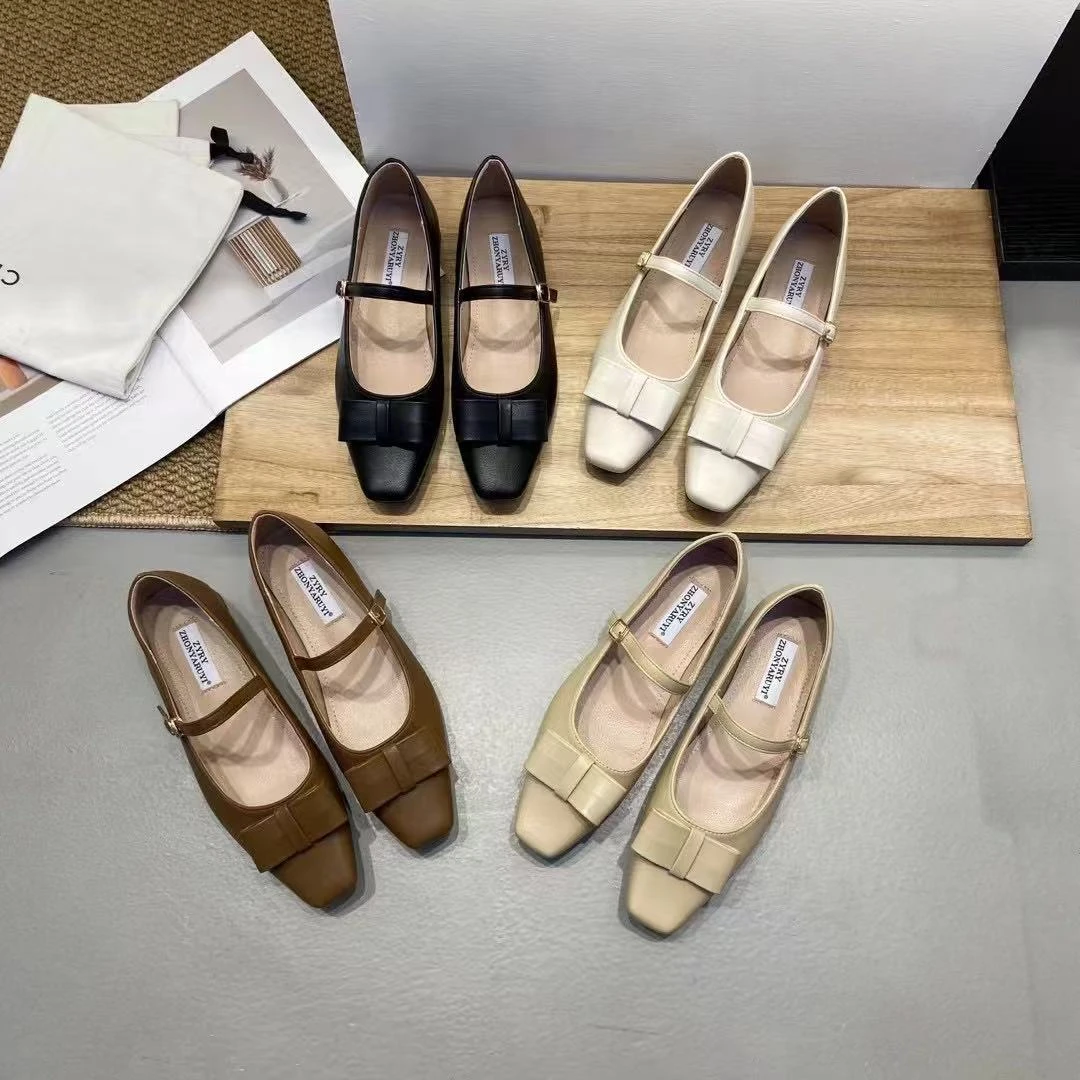 VEEFSHOW 299-6 蝴蝶结小方头浅口一字带粗跟玛丽珍单鞋女仙女鞋