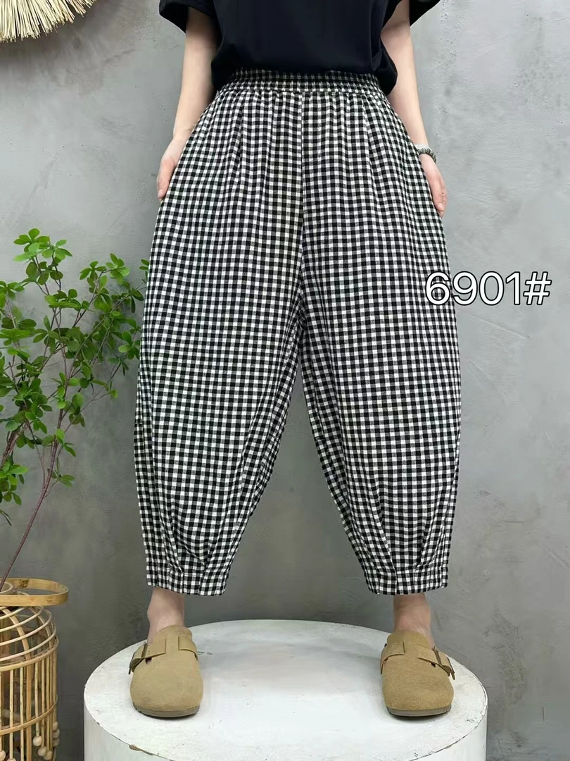 6901夏季新款休闲简约高腰显瘦格纹九分哈伦裤女薄款小个子宽松