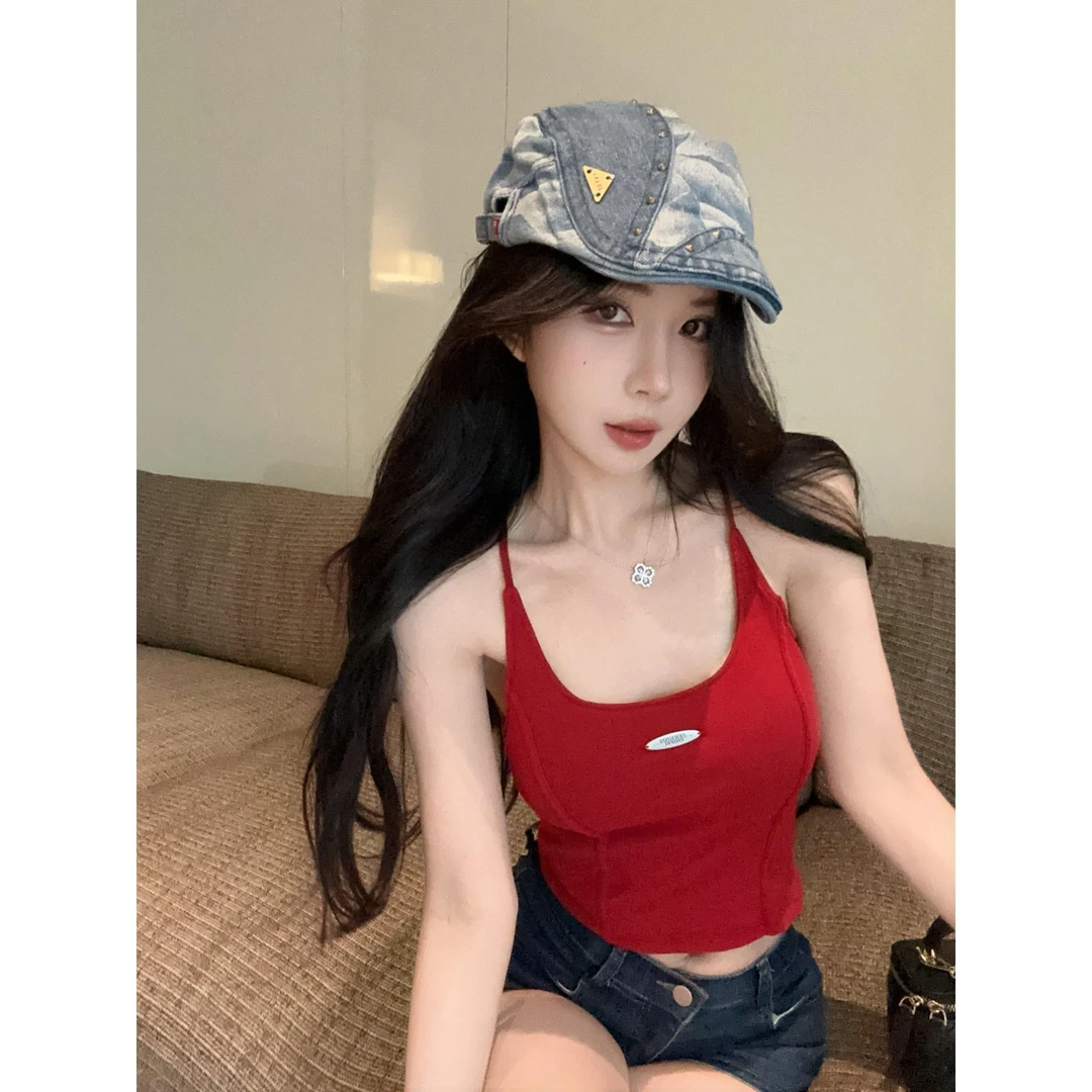 性感辣妹吊带背心女港味复古打底衫夏季设计感紧身显瘦带胸垫上衣