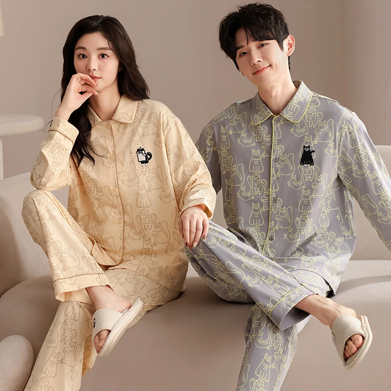 2025年新款莉莉家情侣款小猫乐园加厚纯棉翻领开衫长袖睡衣套装