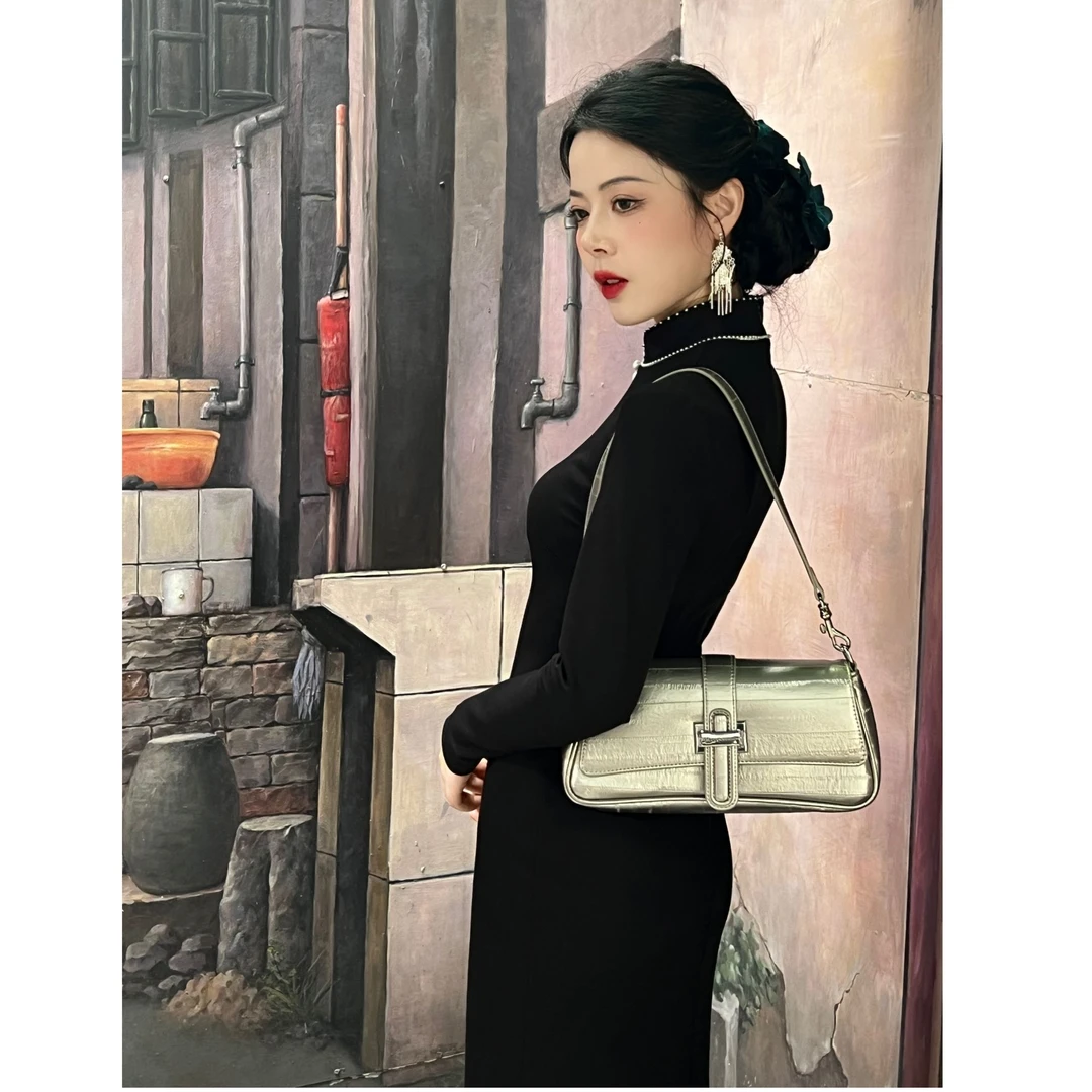 【醉花阴】小个子定制新中式春秋季旗袍显瘦长袖黑色复古气质小个子