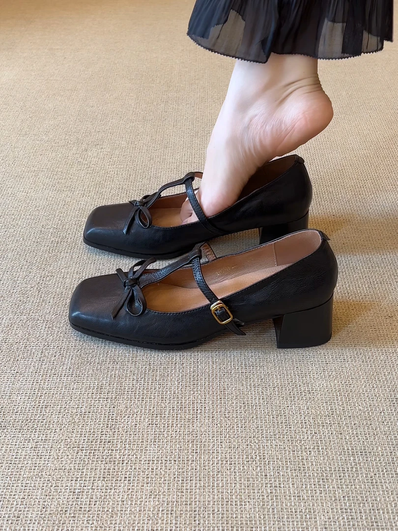 Elingjk/4.5cm法式复古方头浅口蝴蝶结丁字带粗跟玛丽珍单鞋