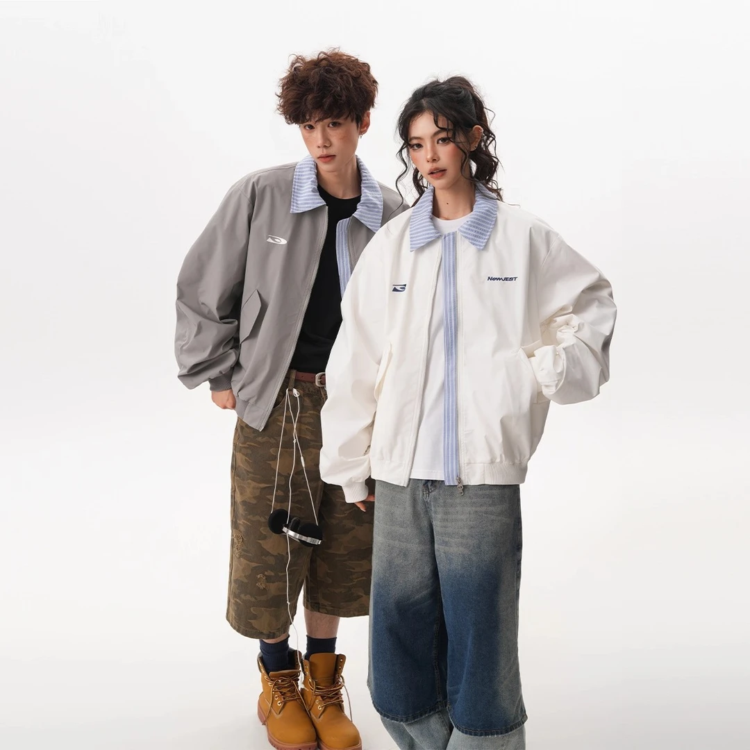 美式复古绣花夹棉假两件翻领棒球服棉服冬季男女夹克外套