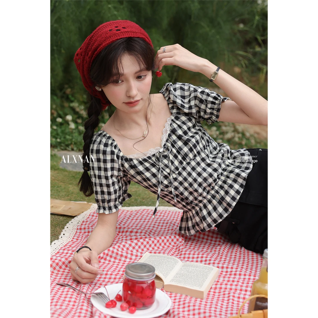 【品牌撤柜款ZB】法式格子撞色短袖衬衫夏季防晒修身女上衣L55208