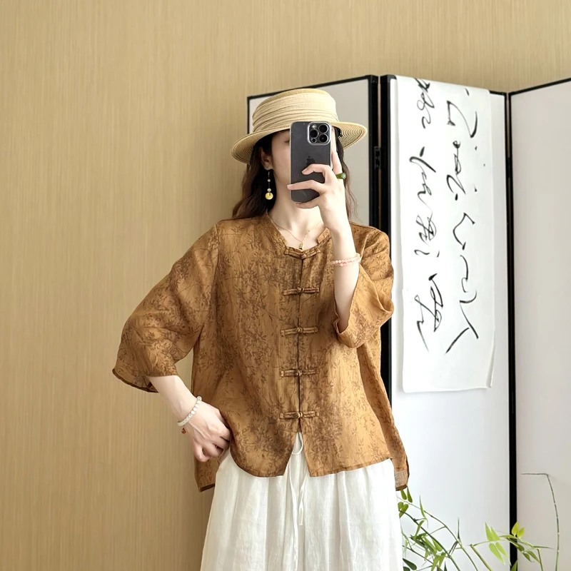 2025夏季新款数码印花纯苎麻新中式盘扣六分微喇袖文艺小开衫