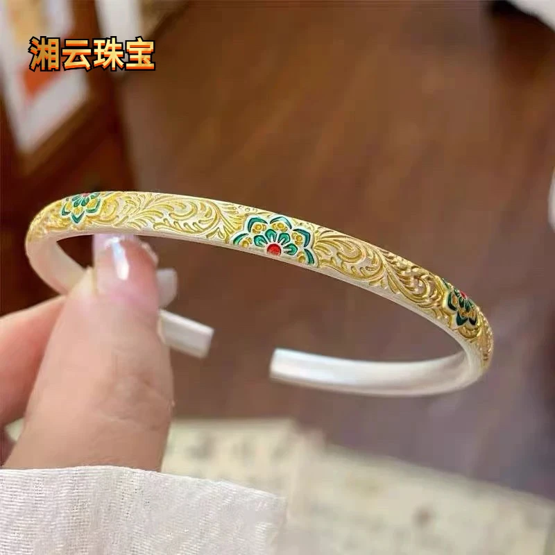 湘云 足银手镯 999.9描金唐草纹宝相花银镯子女款国风手镯约25克