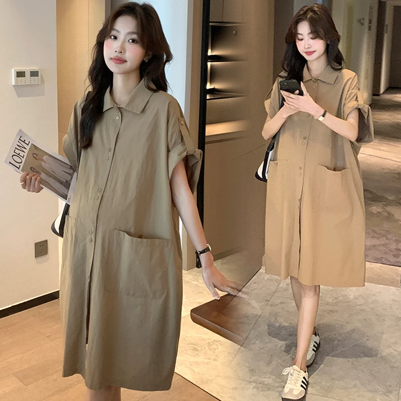 孕妇装夏装2025新款夏季休闲宽松短袖翻领通勤潮设计感孕妇连衣裙