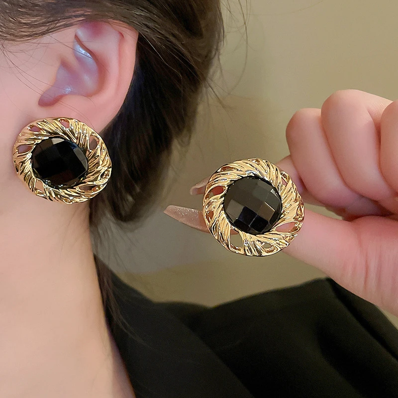 JQ中古金属感镶钻圆形几何银针耳钉欧美复古小众气质简约高级耳环