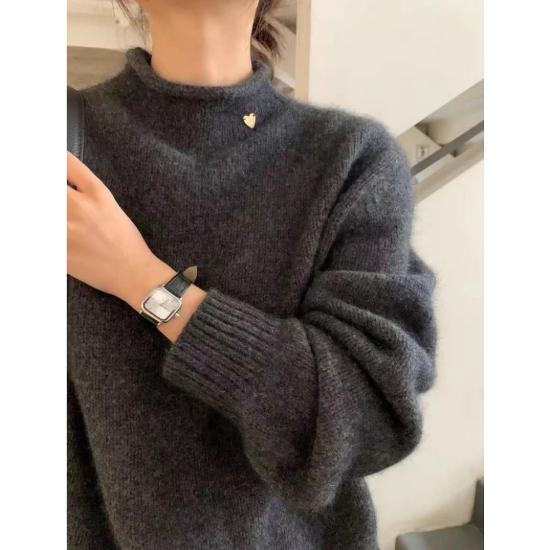一颗爱心简约纯色气质加厚极简风简约大方针织毛衣女