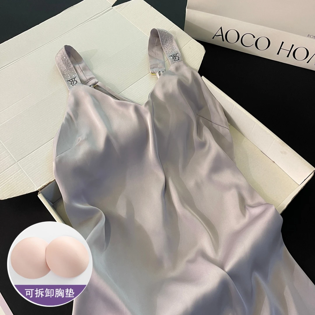 睡裙女夏季性感吊带冰丝睡衣2025新款带胸垫紫色大码可外穿家居服