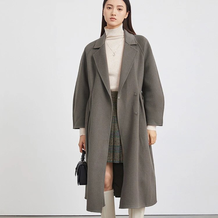 sdeer圣迪奥女装时尚气质西装领收腰双面呢长款大衣S223Z2502