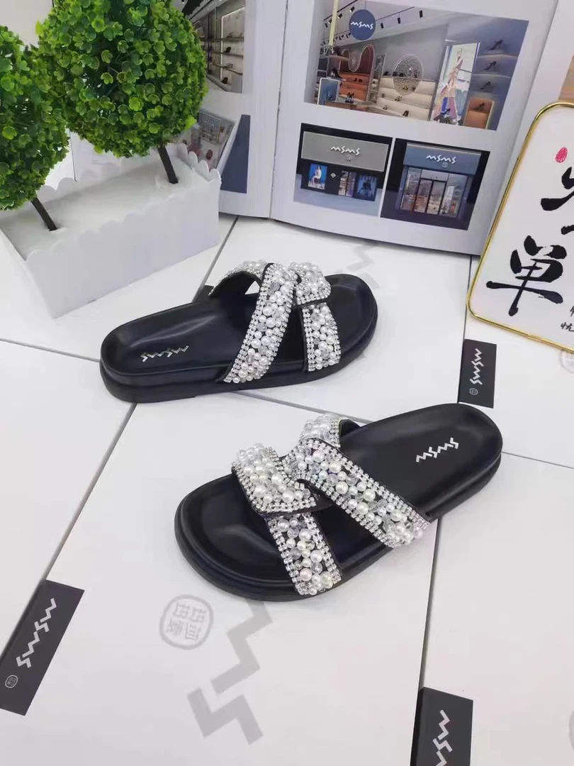 6636-1玛莎玛索时尚珍珠一字小香风凉拖