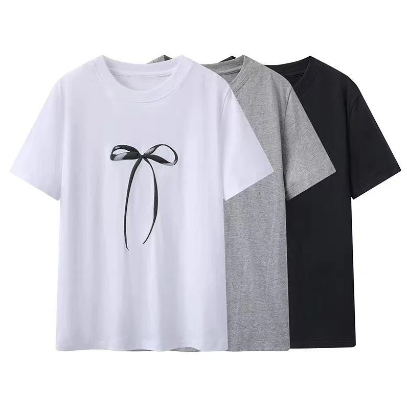 KS 3390-2025春季新款时尚百搭蝴蝶结印花短袖T恤女