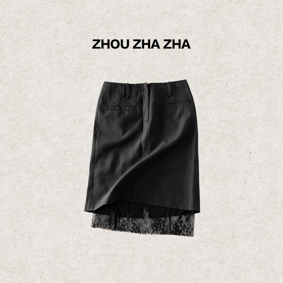 【周炸炸】羊毛优雅气质蕾丝拼接半身裙轻熟风中长款设计#250120