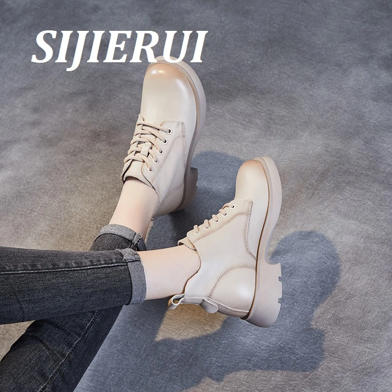 SIJIERUI真皮英伦马丁靴女V口系带小短靴2025秋冬新款系带瘦瘦靴