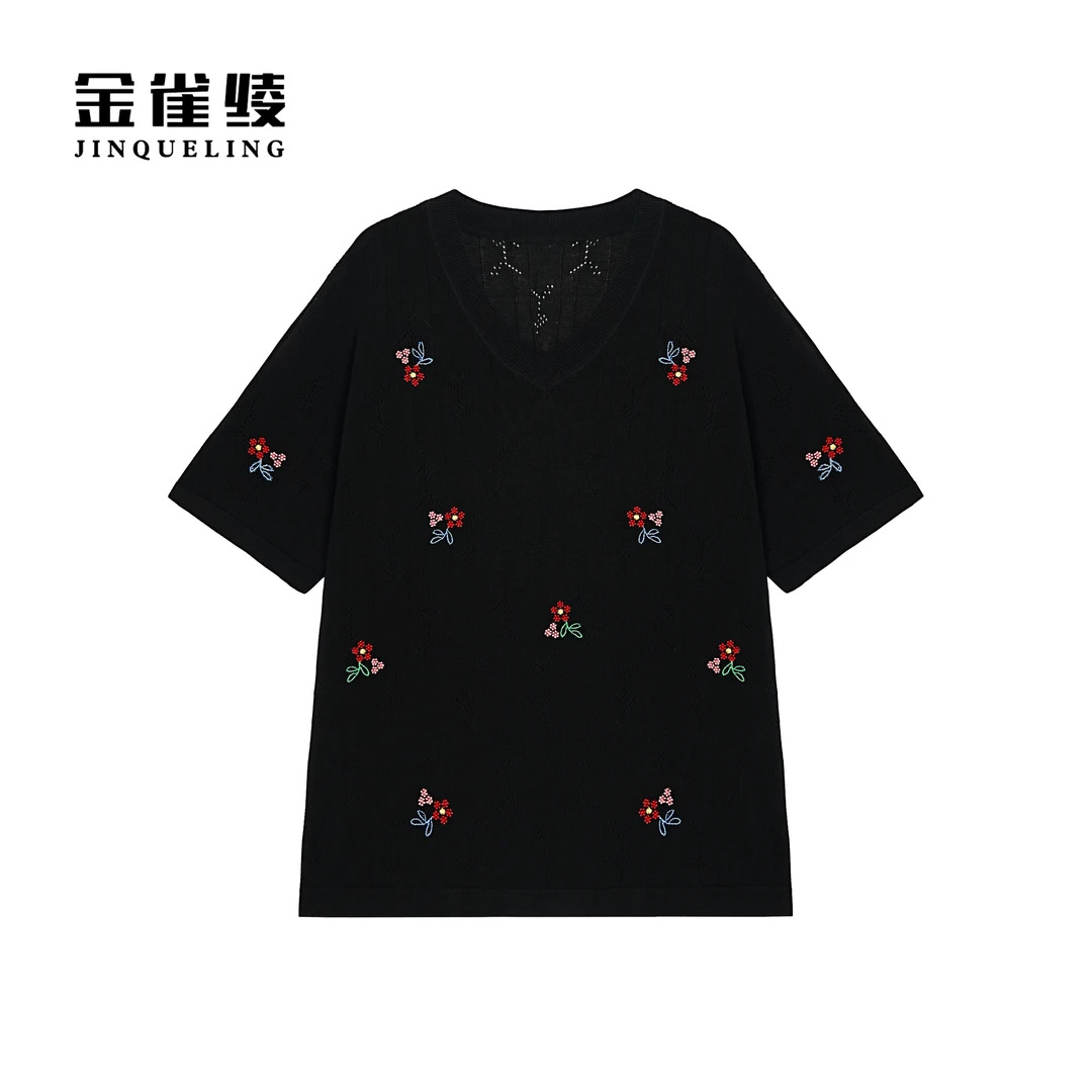 金雀绫【小红花】刺绣工艺宽松显瘦大码女装针织小衫SZAK1SHY50