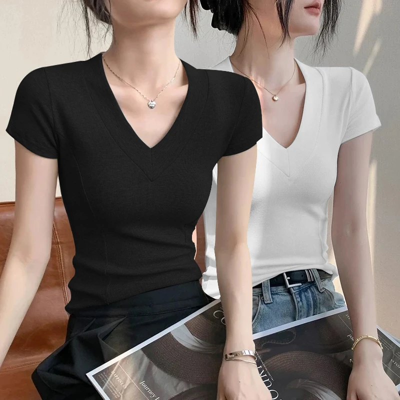 简约百搭V领短袖t恤衫2025夏季新款显瘦设计感欧若风鱼骨修身上衣