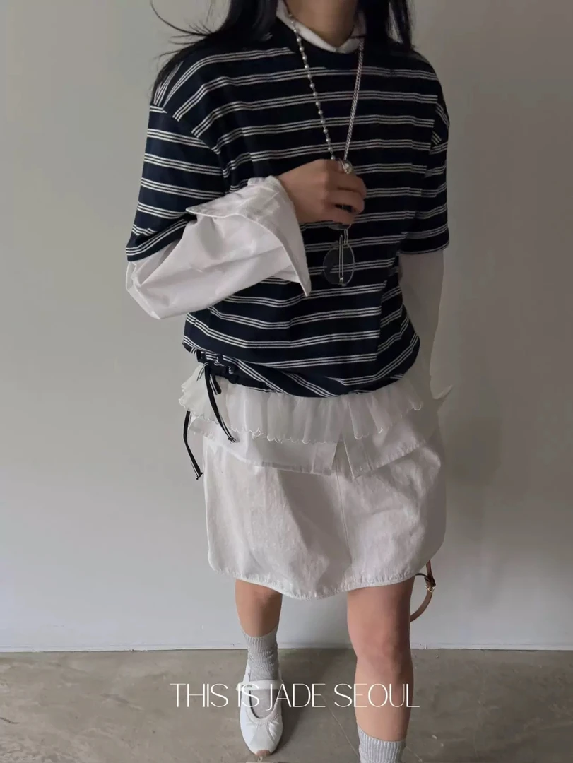 泡菜jademarket条纹蕾丝拼接短袖t恤女