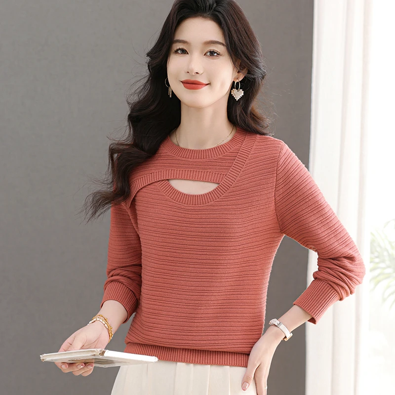 【绵羊毛】纯色设计感镂空小衫2025圆领洋气春秋爆款套头长袖针织衫