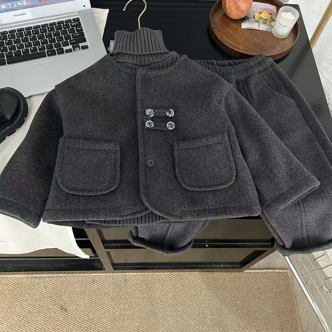 2024冬季儿童韩版纯色休闲时尚中性洋气毛呢外套30357