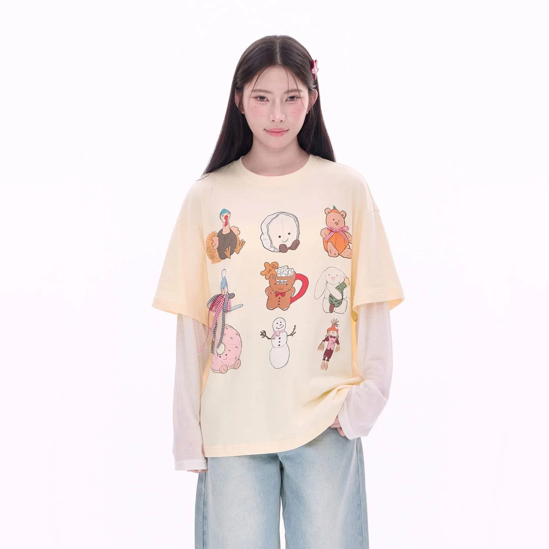 NCXK-彩绘玩具娃娃卡通印花假两件长袖T恤甜美可爱宽松CX25018