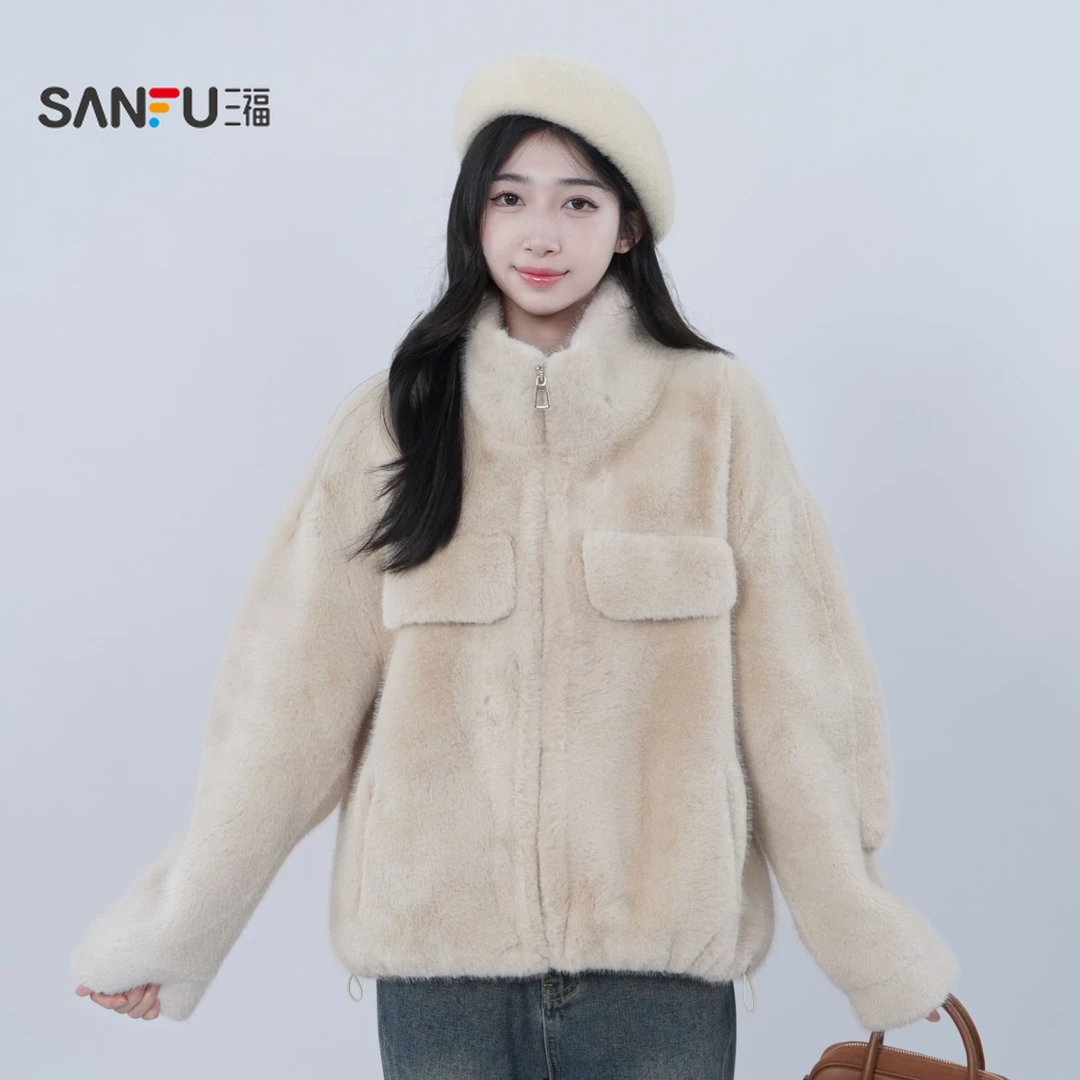 三福 秋季时尚休闲百搭宽松保暖立领毛绒外套 513003