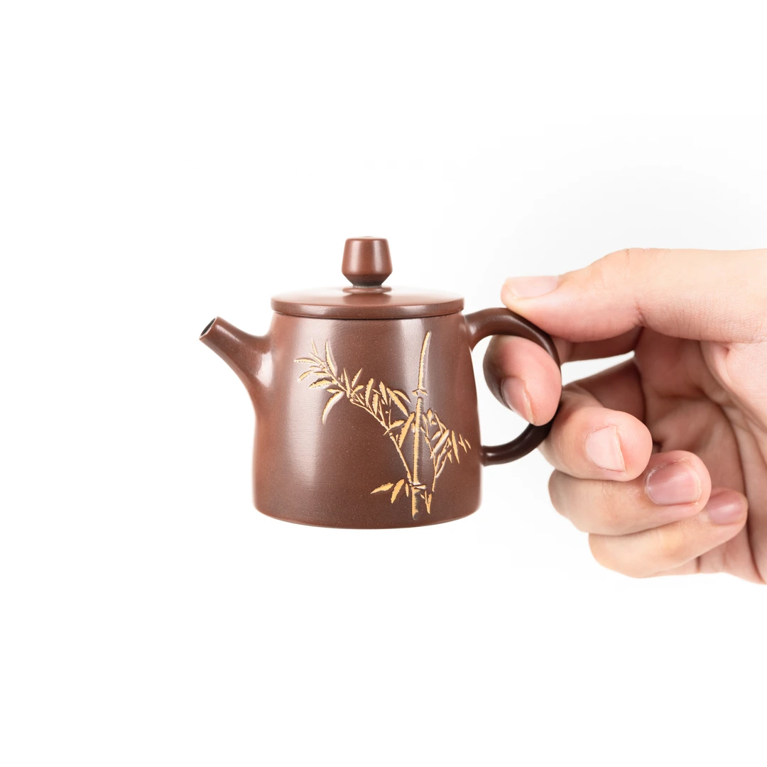 斗金壶 70ml把把壶 清风竹影雕刻 广西坭兴陶全手工茶壶