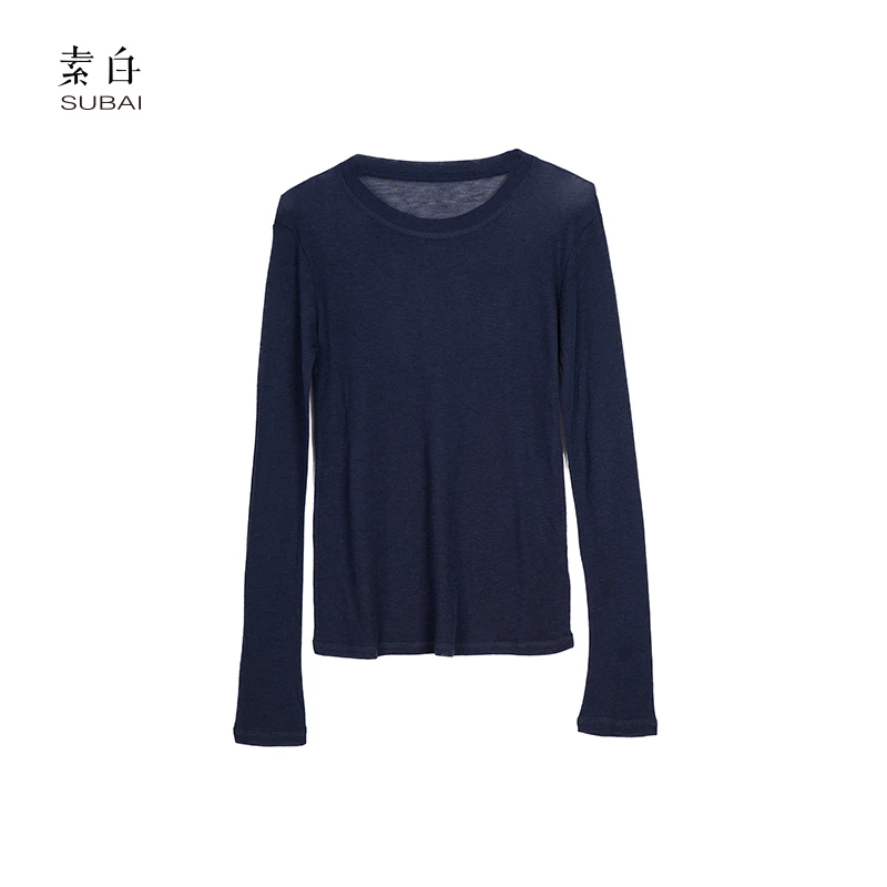 素白轻薄微透圆领长袖打底衫802654