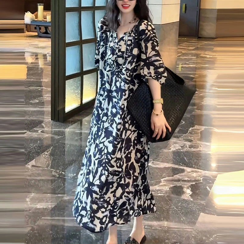 法式时尚吸汗碎花印花中长裙2025夏花色连衣裙宽松中长款气质显瘦